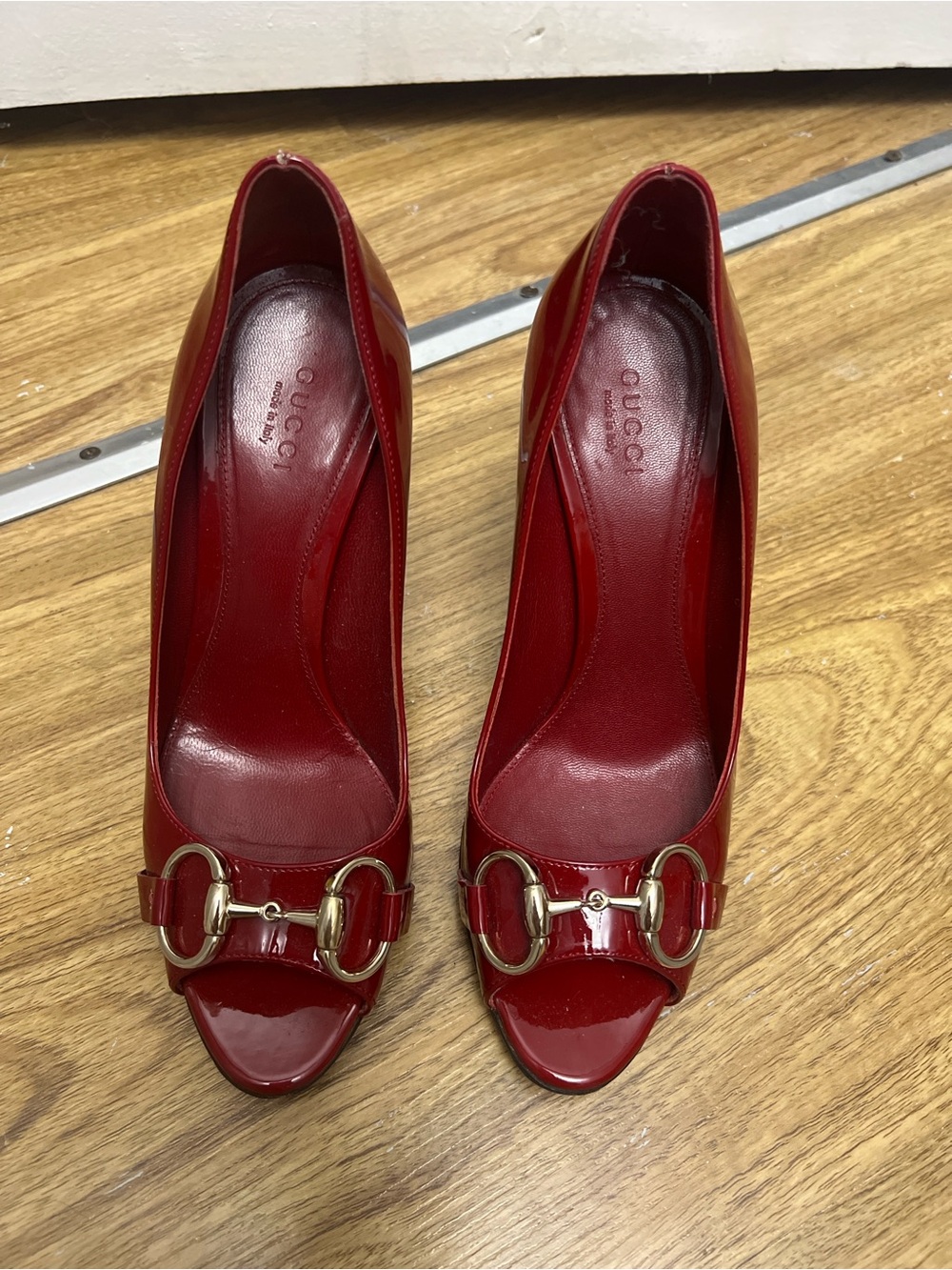 Gucci Red Patent Leather Horsebit Peep-Toe Heels